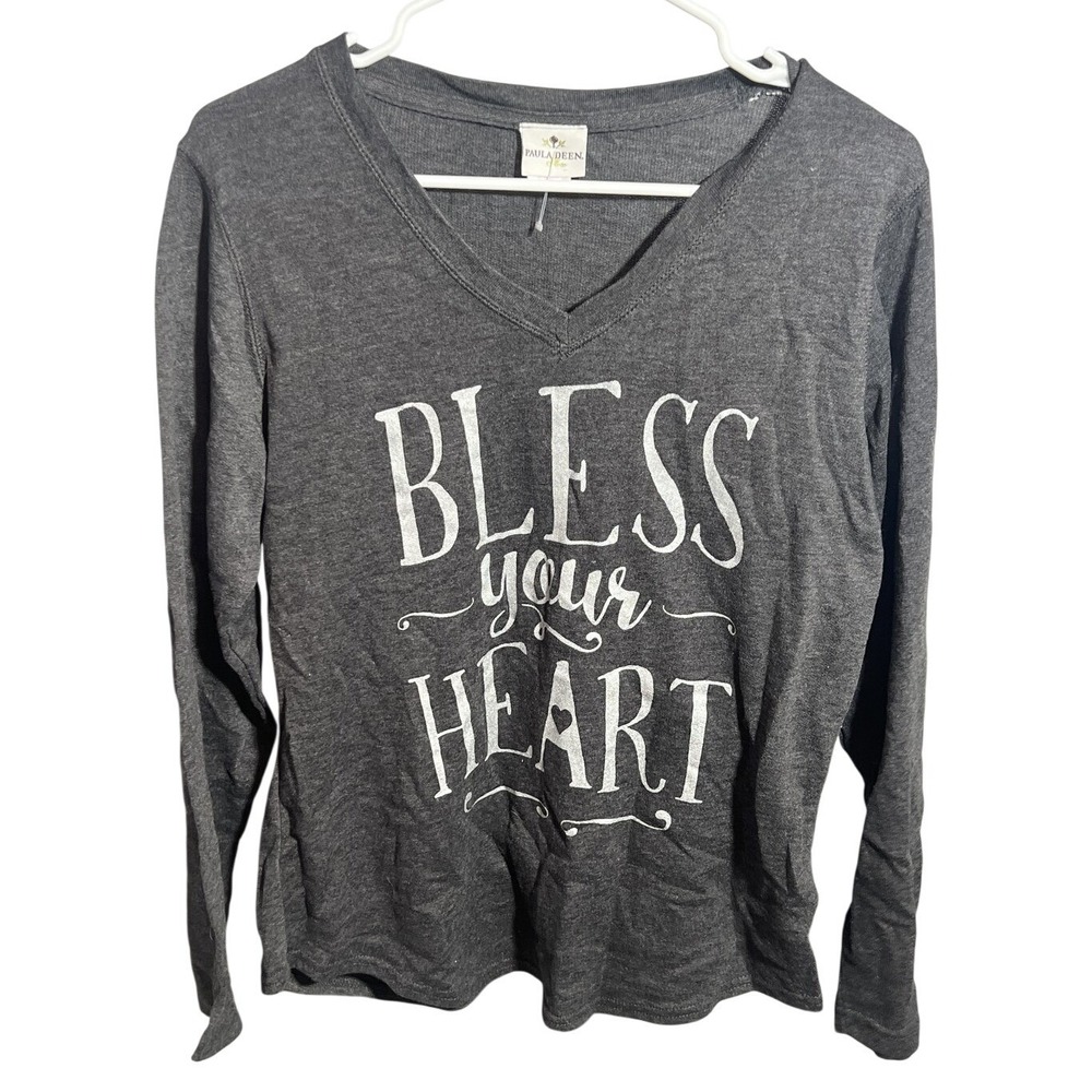 Paula Deen Store‎ Women's M Gray Bless Your Heart V-Neck Long Sleeve T-Shirt Top